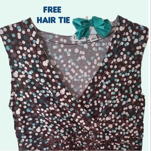 Sleeveless Polka Dot Crossovetop; Brown, Turquoise, Gray & White + Free Hair Bow